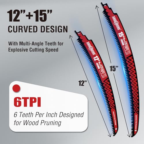 ANGELSWORD 12&15“ Arc Edge Reciprocating Saw Blades for Pruning, 6TPI 5pc - size: 12"+15"-5PACK