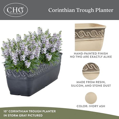 Classic Home and Garden Corinthian Resin Flower Pot Rectangle Planter, Concrete Grey, 18"