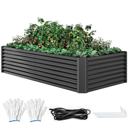 DWVO 8 x 4 x 1.5 FT Raised Garden Bed Kit, Outdoor Galvanized Flower Bed with Safety Rubber and Gloves, Large Metal Planter Box for Vegetables, Flowers, Herbs, Fruits, Black - color: Black, size: 8x4x1.5ft