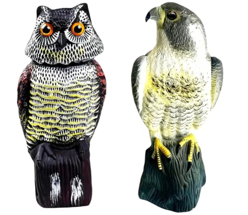 Hawk Decoy to Scare Birds Away - Owl & Hawk Garden Decoy Combo, 2X Protection Wind-Activated Bird Deterrent for Farms & Yards, 50% Larger Size (15")