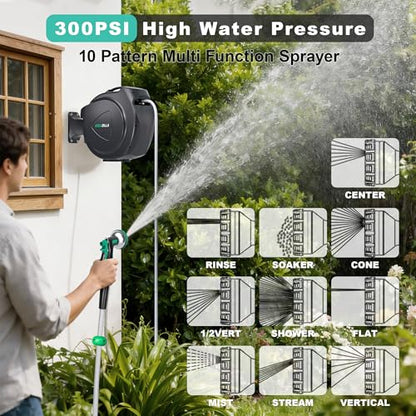 Retractable Garden Hose Reel, 100Ft x 1/2" Durable Wall Mounted Water Hose Reel with 180¡ãSwivel Bracket, 9 Pattern Sprayer, 6Ft leader hose,Smooth Automatic Rewind, Any Length Lock. - size: 100Ft x 1/2"