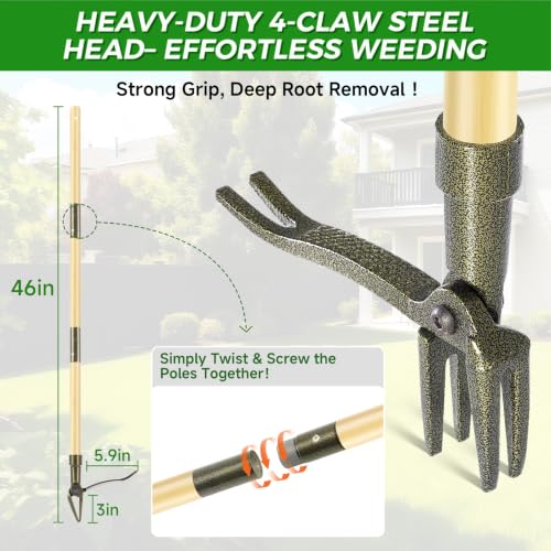 Weed Puller Tool, Stand Up Heavy Duty Weed Remover Tool with Long Handle – 4-Claw Steel Head Weeder for Dandelions, Bamboo Garden Hand Weeding Tool, No Kneeling for Easy Root Removal - color: Light brown