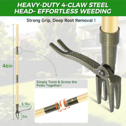 Weed Puller Tool, Stand Up Heavy Duty Weed Remover Tool with Long Handle – 4-Claw Steel Head Weeder for Dandelions, Bamboo Garden Hand Weeding Tool, No Kneeling for Easy Root Removal - color: Light brown