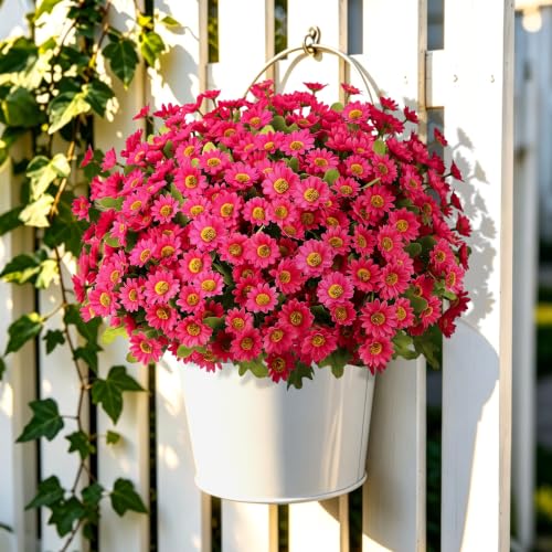 Artificial Daisy Mums for Outdoors, 12 PCS Fall Flowers, Fuchsia - color: Fuchsia