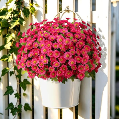 Artificial Daisy Mums for Outdoors, 12 PCS Fall Flowers, Fuchsia - color: Fuchsia