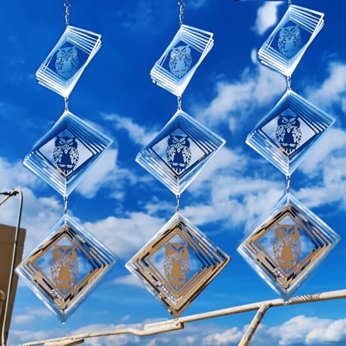 DJUAN 9 Discs Owl Bird Scare Set Sparkly Wind Spinner Outdoor Garden Decor - color: Silver Square Owl