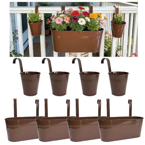 8 Pack Mixed Size Metal Fence Planters Set with Detachable Hooks, Chocolate - color: Chocolate, size: Oval*4 + Round*4