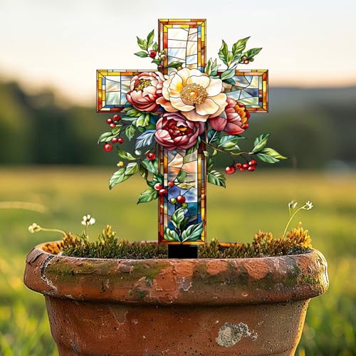 Stained Glass Floral Cross Acrylic Garden Stake, Indoor and Outdoor Garden Acrylic Decoration, Idea Gift for Flower Potted Ornament and Landscape Beautification, Suitable for Courtyards and Lawn