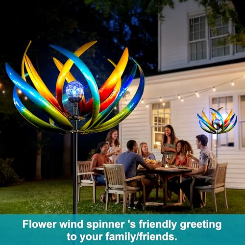 83-Inch Solar Wind Spinner Outdoor Metal, Kinetic Yard Art with Glass Globe - color: 83" Tulip