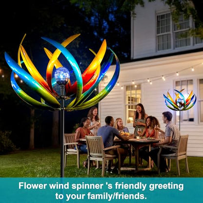 83-Inch Solar Wind Spinner Outdoor Metal, Kinetic Yard Art with Glass Globe - color: 83" Tulip