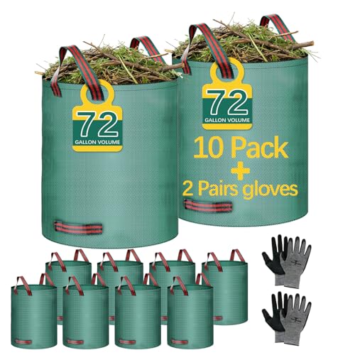 10 Pack 72 Gallon leaf bags reusable yard waste bags lawn bags,Can stand 2 pairs of gardening gloves are included,Suitable for camping yards, can Cleaning debris, leaves,grass clippings