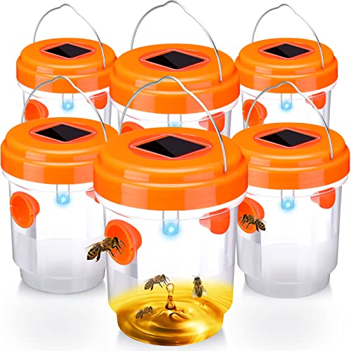 6 Packs 6 Pack Wasp Trap Solar Powered Bee Trap Reusable Fly Traps Outdoor Hanging Wasp Killer with UV LED Light Flying Insects Bee Killer for Indoor Outside Patio Garden Home (Orange) - color: Orange