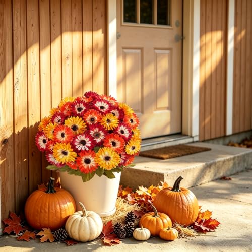 Fall Cemetery Flowers for Graves, 4Pcs 56 Heads Colorful Faux Mums - color: Colorful-4pcs