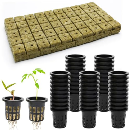 50 PCS 1" Rockwool Cubes & 50 PCS 1.5" Net Cups for Hydroponics - color: Black