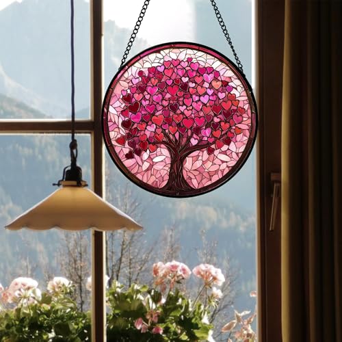 Pink Love Tree Stained Glass Window Hanging Suncatcher Gift for Women 6.3" - color: Green, size: 6.3x6.3 IN