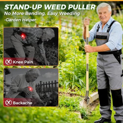 Weed Puller Tool, Stand Up Heavy Duty Weed Remover Tool with Long Handle – 4-Claw Steel Head Weeder for Dandelions, Bamboo Garden Hand Weeding Tool, No Kneeling for Easy Root Removal - color: Light brown