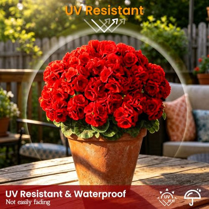 14" Artificial Red Geranium 6-Pack Silk Flowers for Outdoors