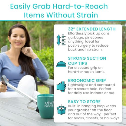 Vive Suction Cup Grabber Reacher 32" - Elderly Grab It Reaching Pickup Tool