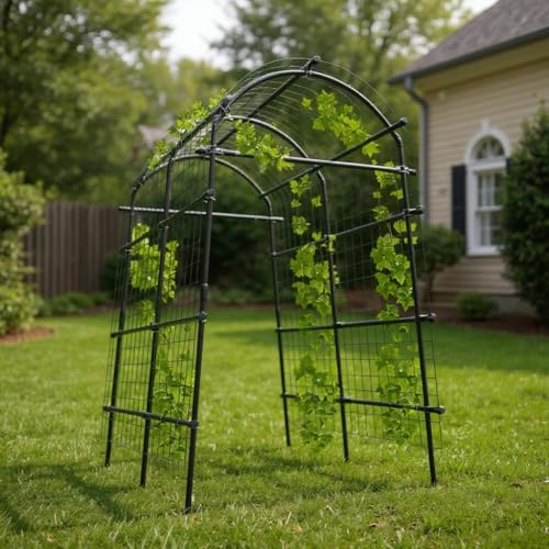 Metal Garden Arch Trellis, 7.6Ft Black for Raised Beds, Plant Support for Cucumbers & Climbing Vegetables with 9 Horizontal Pipe - size: 7.6x6x3.8 Ft - 9