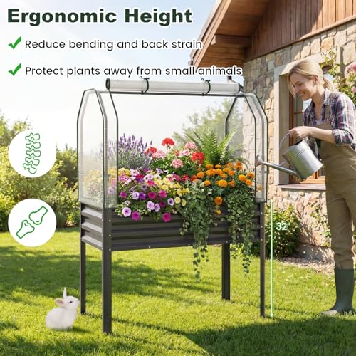 GIANTEX Raised Garden Bed with Legs & Greenhouse Cover, 44x22x60 Elevated Metal Planter Box with Roll-up Door, Outdoor Mini Greenhouse for Vegetable Flower Herb Patio Balcony (Black,1) - color: Black