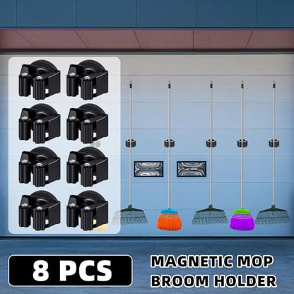 Vercraft 8 Pcs Magnetic Broom Holder Wall Mounted Anti Slip Rack,Black - color: Black