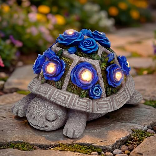 Solar Garden Outdoor Decor Turtle Statue with Dark Blue Roses & 7 LED Lights – Outside Tortoise Decor for Yard Patio Balcony & Backyard - Home House Decoration Art- Gift for Women Mom & Grandma - color: Turtle-Dark Blue Roses