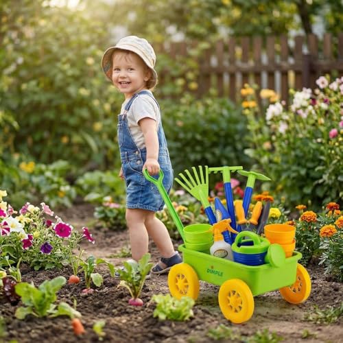 Dimple Green Garden Wagon & Tools Toy Set, 15 Pc Kids Gardening Play Set - color: Green