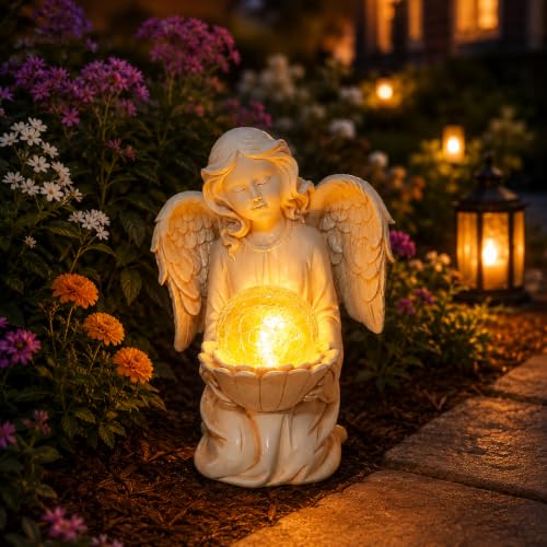 Angel Garden Statues, Outdoor Angel Holding Lotus with Crackled Glass Globe - style: Lotus