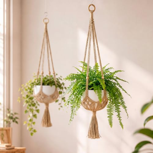 Shappy 2 Pack Boho Macrame Plant Hanger for Indoor - color: Jute Color, size: Style E