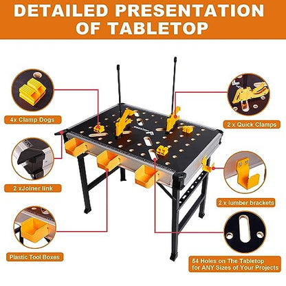 WORKESS Portable Workbench 1000Lbs Capacity Heavy Duty Folding Work Table with 2 Quick Clamps, 4 Bench Dogs, 3 Tool Boxes for Garage Easy Storage - style: Standard