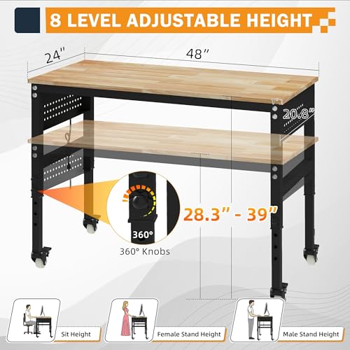 DNYKER 48" Adjustable Heavy Duty Workbench with Power Outlets & Pegboard - size: 48 INCH/Power outlets