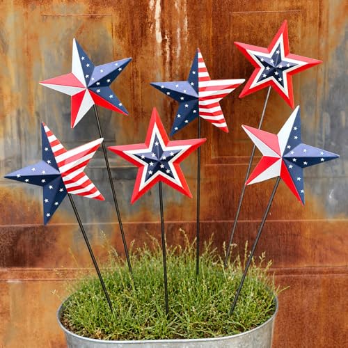 6 Pcs 4th of July Decorations Outdoor,19" Patriotic Metal Barn Stars Decorative Garden Stakes for Independence Day,Americana Patriotic Yard Signs Decor for Garden Lawn Porch - color: blue、red、white