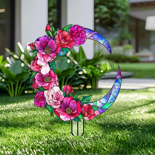 Moonflower Garden Stakes Decor Yard Acrylic - 2D Garden Acrylic Sign Decoration, Fantasy Yard Art, Gift for Nature Lovers, for Indoor & Outdoor Flower Pots, Yard, Mini Gardens & Lawn (5.9”x5.9”) - color: I