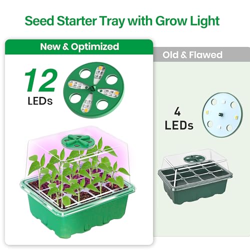 Bonviee Seed Starter Trays with 12-LED Grow Lights, Green, 5 Pack - color: Green, size: 5 Packs