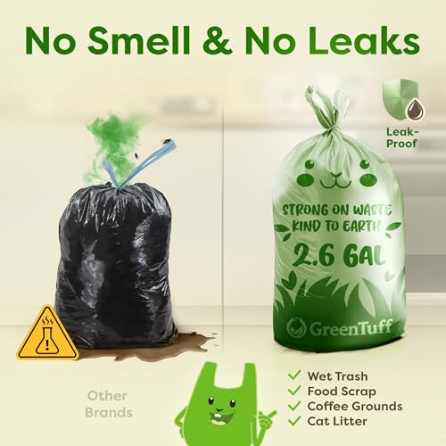 2.6 Gallon Compostable Trash Bags (100 Count) — Thick 0.7 Mil Small Compost Bin Liners — Leak-Resistant Plant-Based Food Scrap Bags for Countertop Kitchen Compost Pails — ASTM D6400 BPI Certified - style: 2.6 Gallon | Handle-Tie | 100-pack