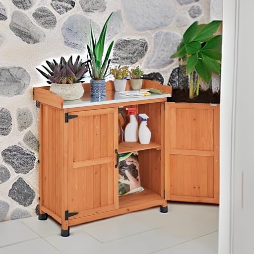 Yaheetech Rolling Potting Bench Outdoor Storage Cabinet, Metal Top, Brown - color: Brown