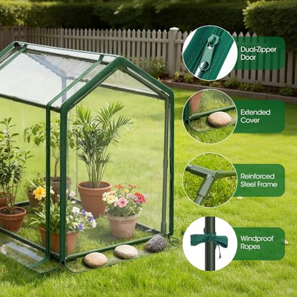 Mini Greenhouse with Zippered Doors & Roll-up Windows, Elevated Bottom Portable Plant Hot House with Durable PVC Cover, Water Resistant, UV Protected for Outdoor Flowers, Vegetables