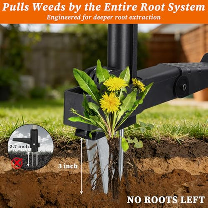 Stand-Up Weeder Puller Tool with Quick-Release Ejector & Foot Pedal, 39” Adjustable Long T Handle, 4 Claw Steel Head for Effortless Deep Root Weed Removal, Heavy Duty Garden Manual Weeder Tool