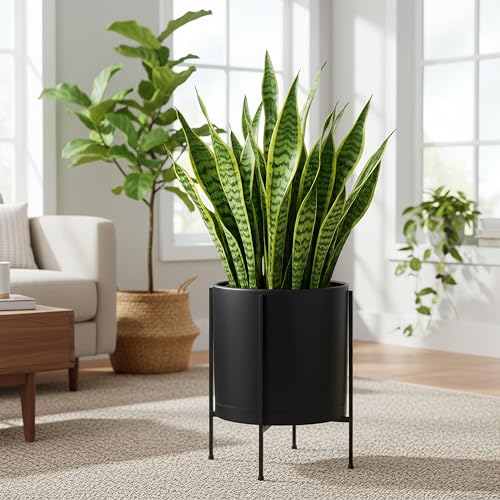 D'vine Dev Plastic Planter Pot with Metal Stand, Black, 14 in, 55-D-B-4 - color: Black, size: 14 Inch