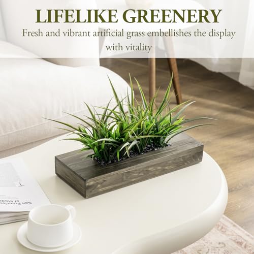 MyGift 10-Inch Artificial Grass Plant in Rectangular Wood Planter (Weathered Gray, 14 Inch) - color: Weathered Gray, size: 14 Inch