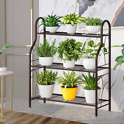 SORCEDAS 3 Tier Metal Plant Stand Indoor Outdoor Corner Flower Shelf - size: 3 Tier-Bronze