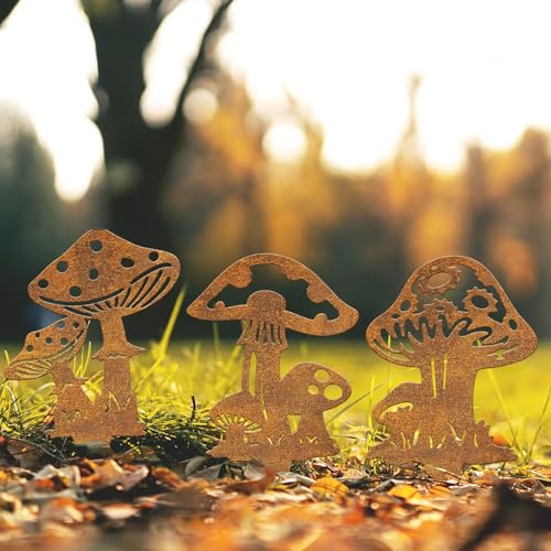 Resama 3 Piece Rusty Metal Mushroom Garden Stakes - color: Mushroom-R