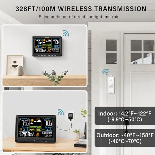 BluSon Weather Station Wireless Indoor Outdoor Thermometer, Atomic Clock - color: Black