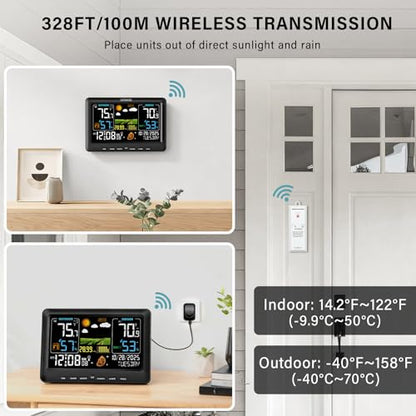 BluSon Weather Station Wireless Indoor Outdoor Thermometer, Atomic Clock - color: Black