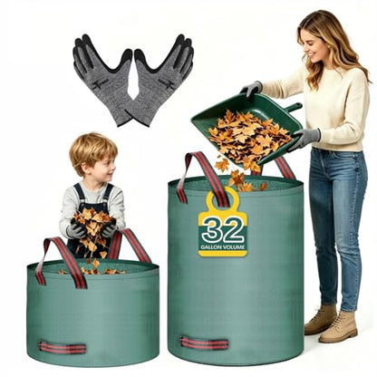 2 Pack leaf bags and gloves reusable yard bag garden bags for Cleaning leaves, outdoor litter, and camping gear, or for moving (32 gallons + 13 gallons + 1 pair of gloves)