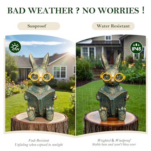 Reading Rabbit Garden Decor with Solar-Powered Glasses Light - size: Rabbit