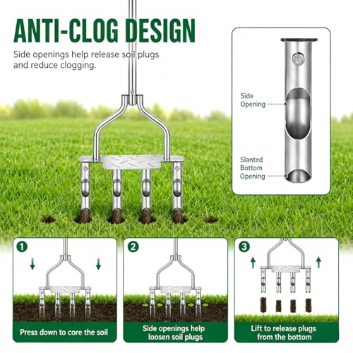 Manual Core Aerator Lawn Tool with 4 Hollow Tines, 3.94-Inch Plug Aerator