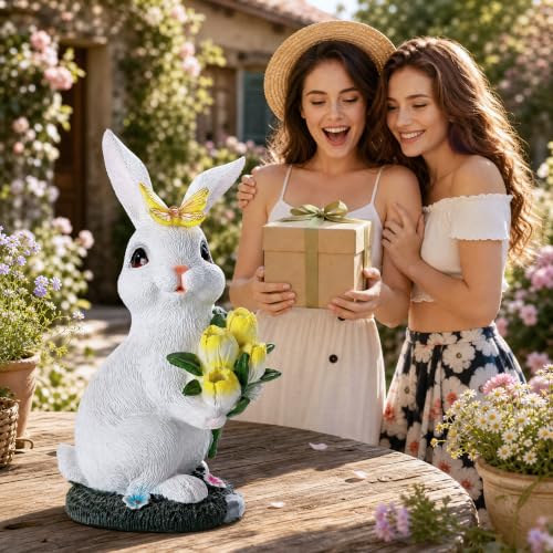 Solar Rabbit Statue Waterproof LED Flower Bouquet Garden Decor - color: White