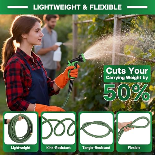 Garden Hose 50 ft Flexible Non-Expandable Water Hose Kink-Free Ultra Lightweight Leak-Proof Durable Portable Wear-Resistant Hoses Pipe with 3/4" Brass Fittings for Outdoor Yard Lawn Car Wash - size: 50FT