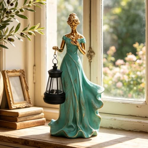 Solar Garden Statue Outdoor, Fairy Angel Statue Holding a Lantern - color: Girl in Green Gown